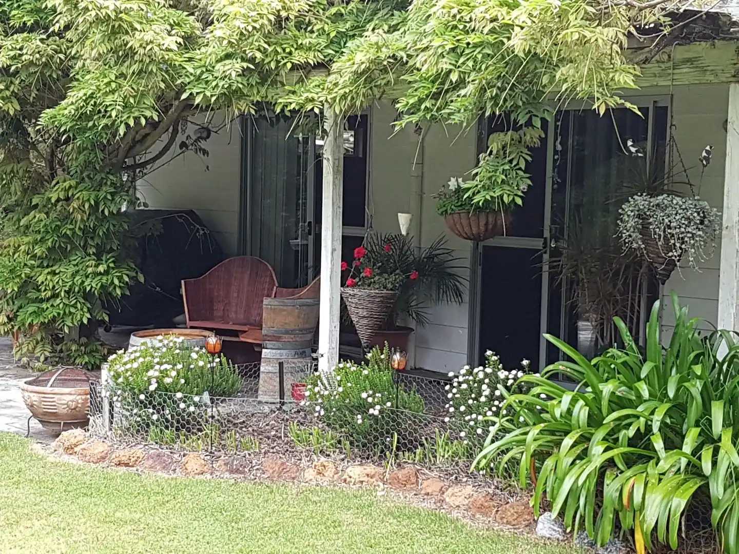 A cozy garden patio with a bench, potted plants, hanging baskets, and lush greenery. A framed door and window are visible in the background, partially covered by climbing plants, adding a touch of homey charm.